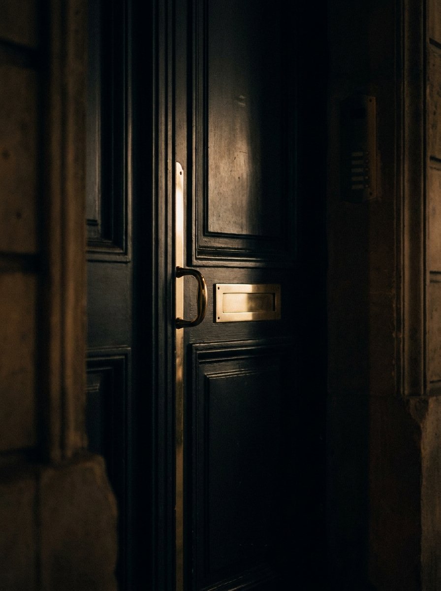The discreet door of the NOIR atelier at night