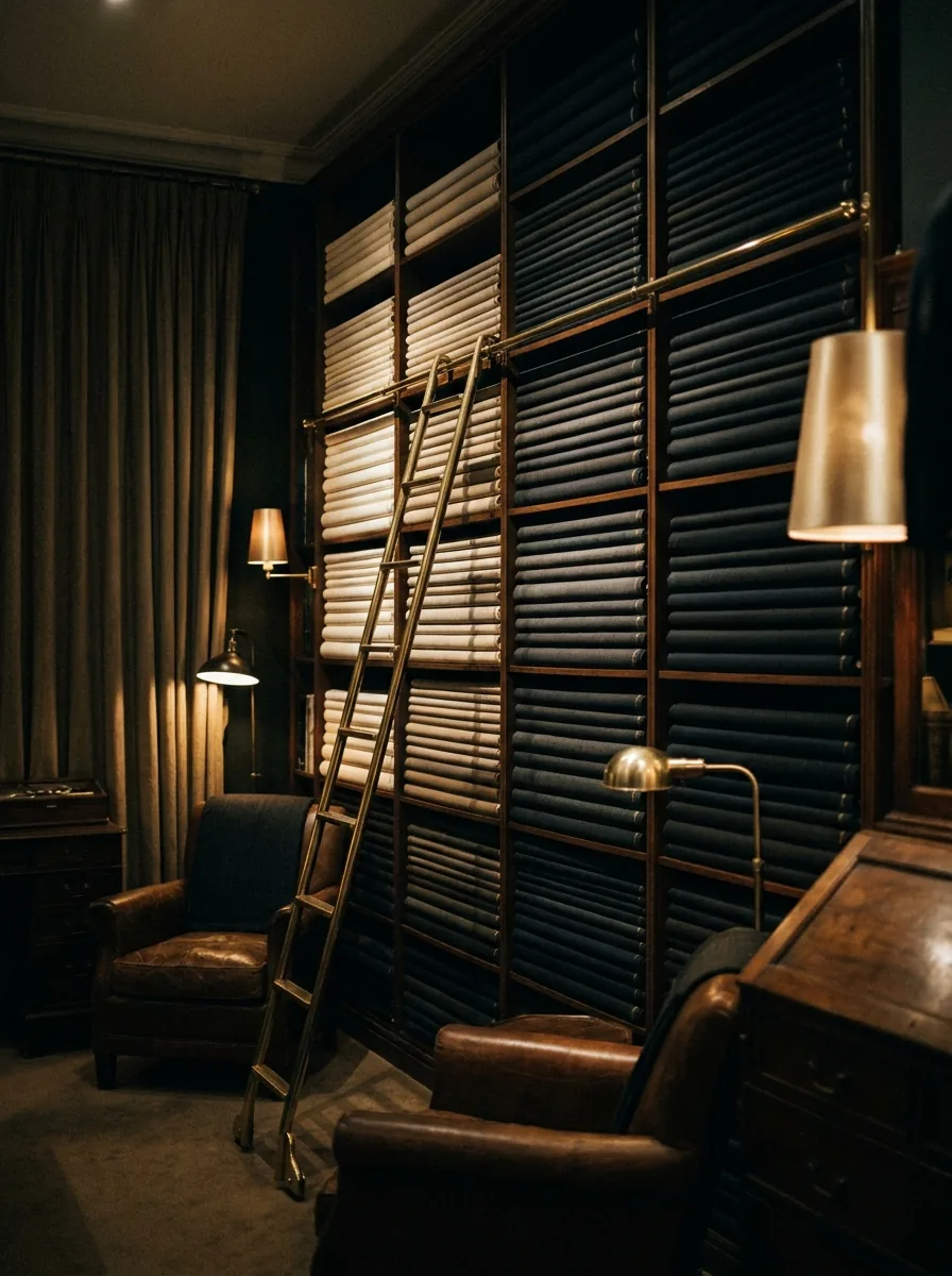 A wall of suiting cloth arranged by tone