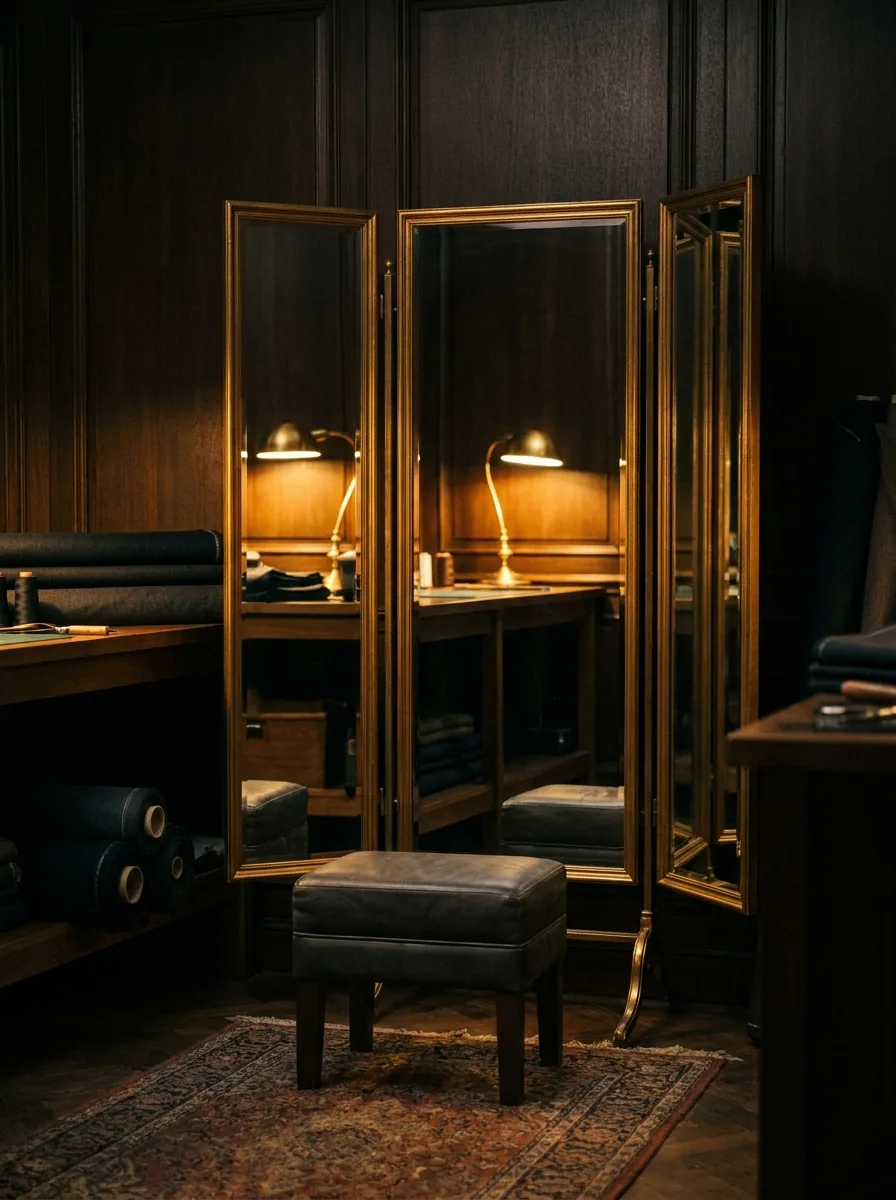 An antique three-panel fitting mirror in the dark atelier