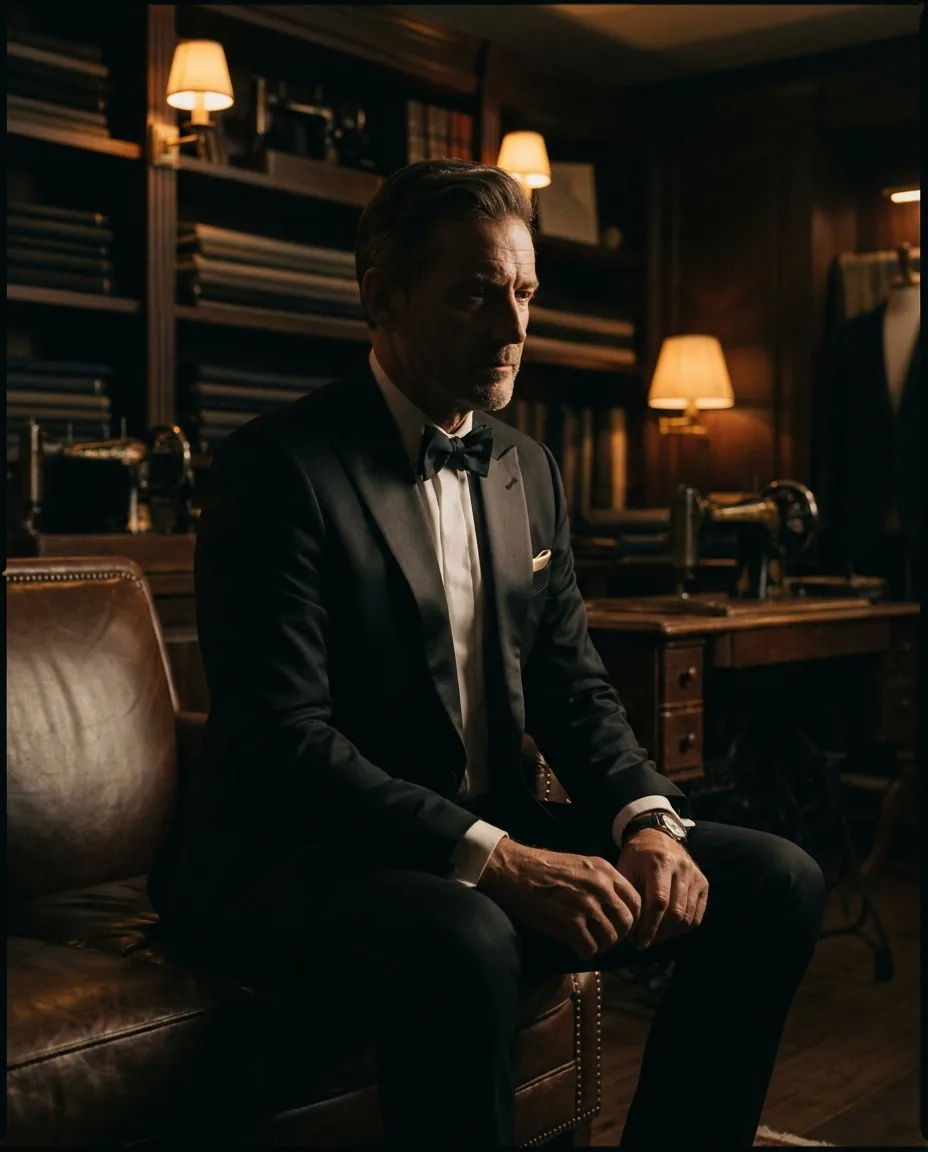 Man in a black tuxedo with silk peak lapels