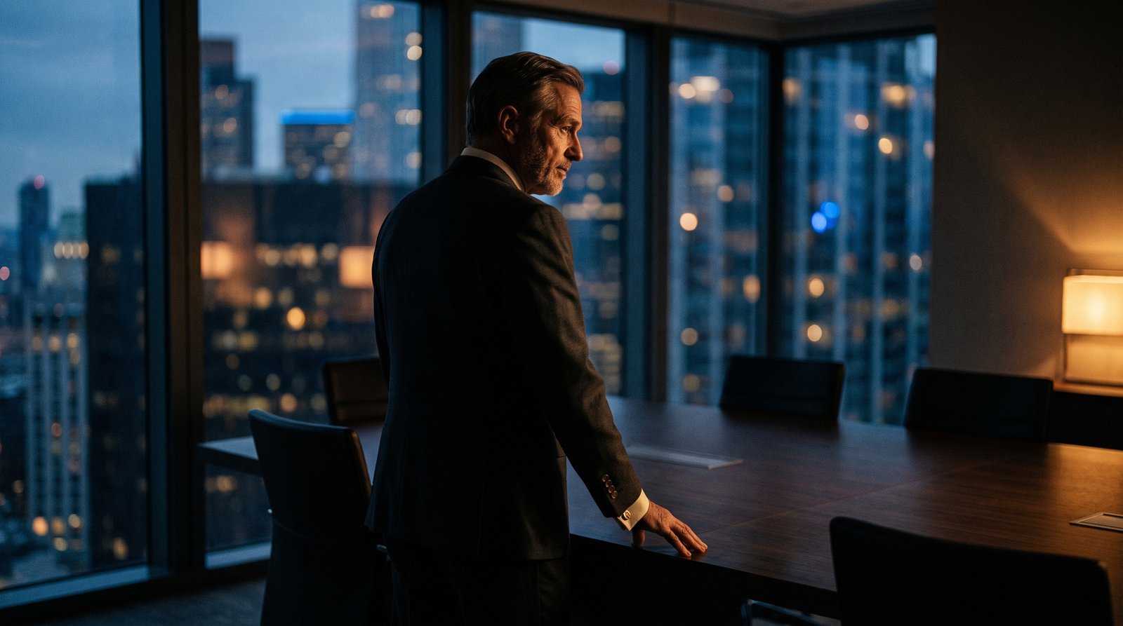 Executive at a boardroom table at dusk