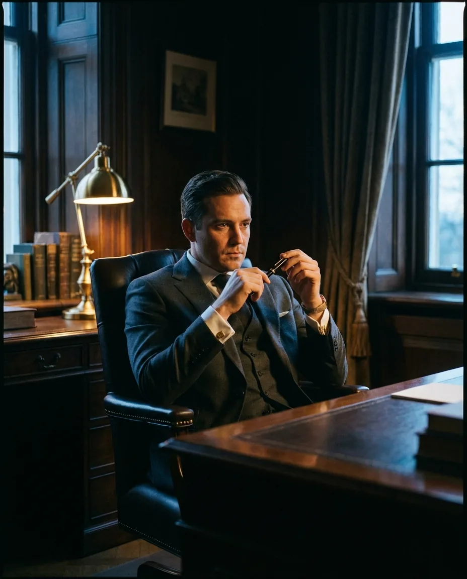 Executive in a grey three-piece suit at a desk