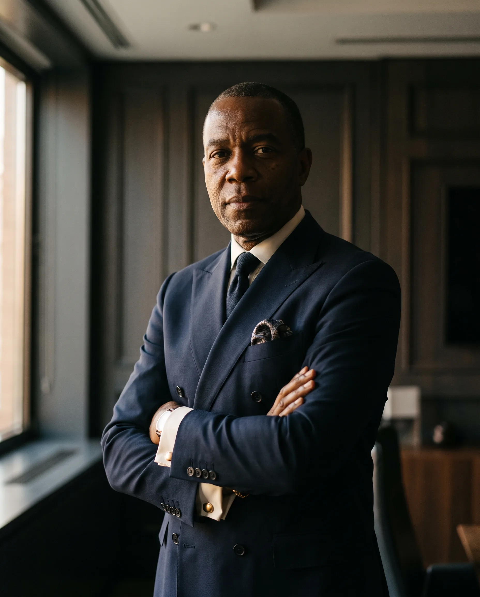 CEO in a navy double-breasted bespoke suit