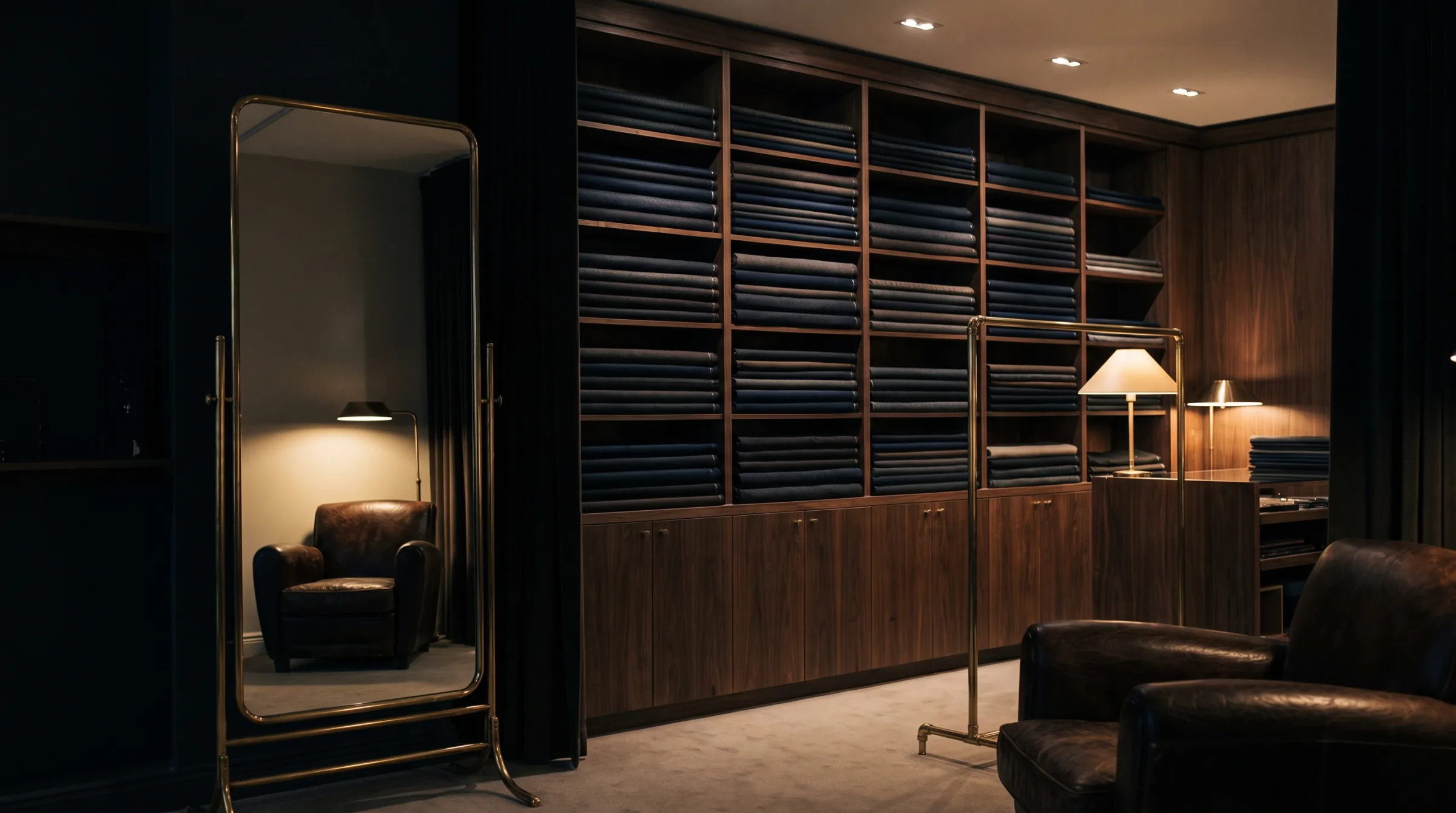 The NOIR atelier at night — fitting mirror, leather chair and a wall of suiting cloth in warm light