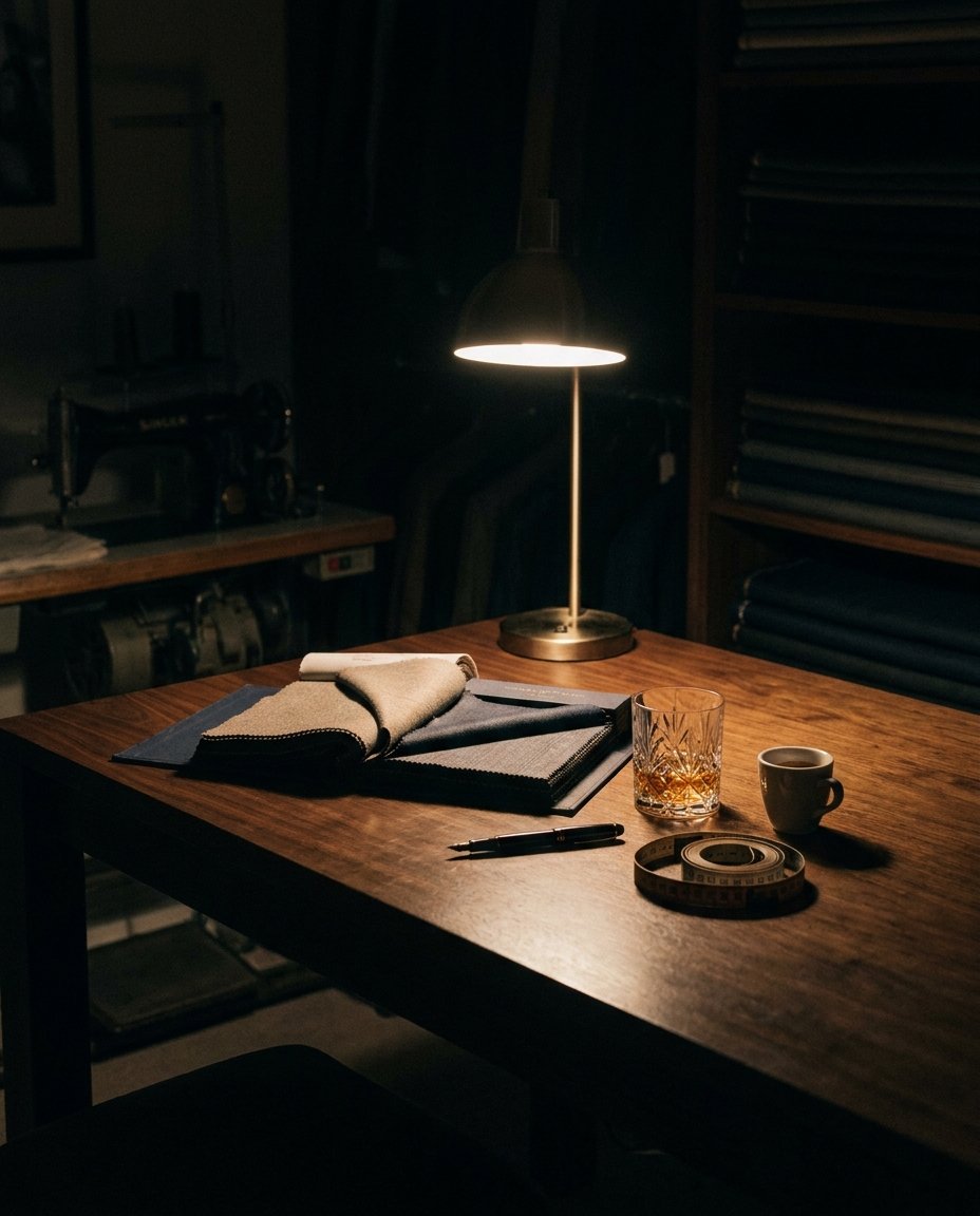 The consultation table under a single warm lamp