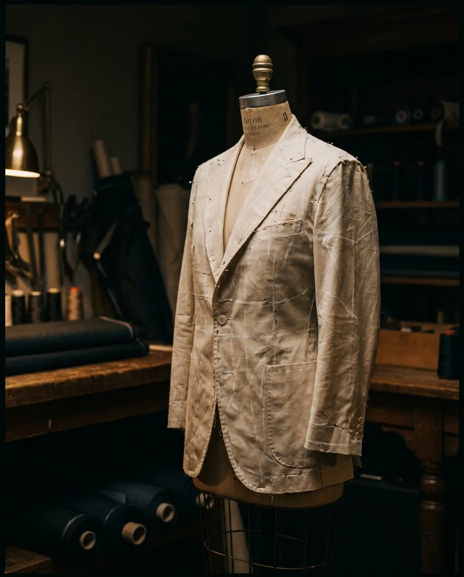 A muslin toile pinned on a tailor's form