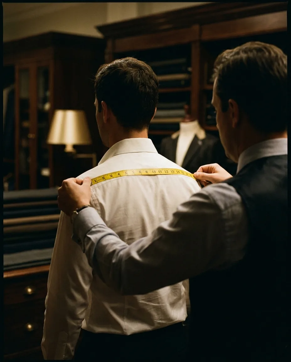 A tailor taking shoulder measurements