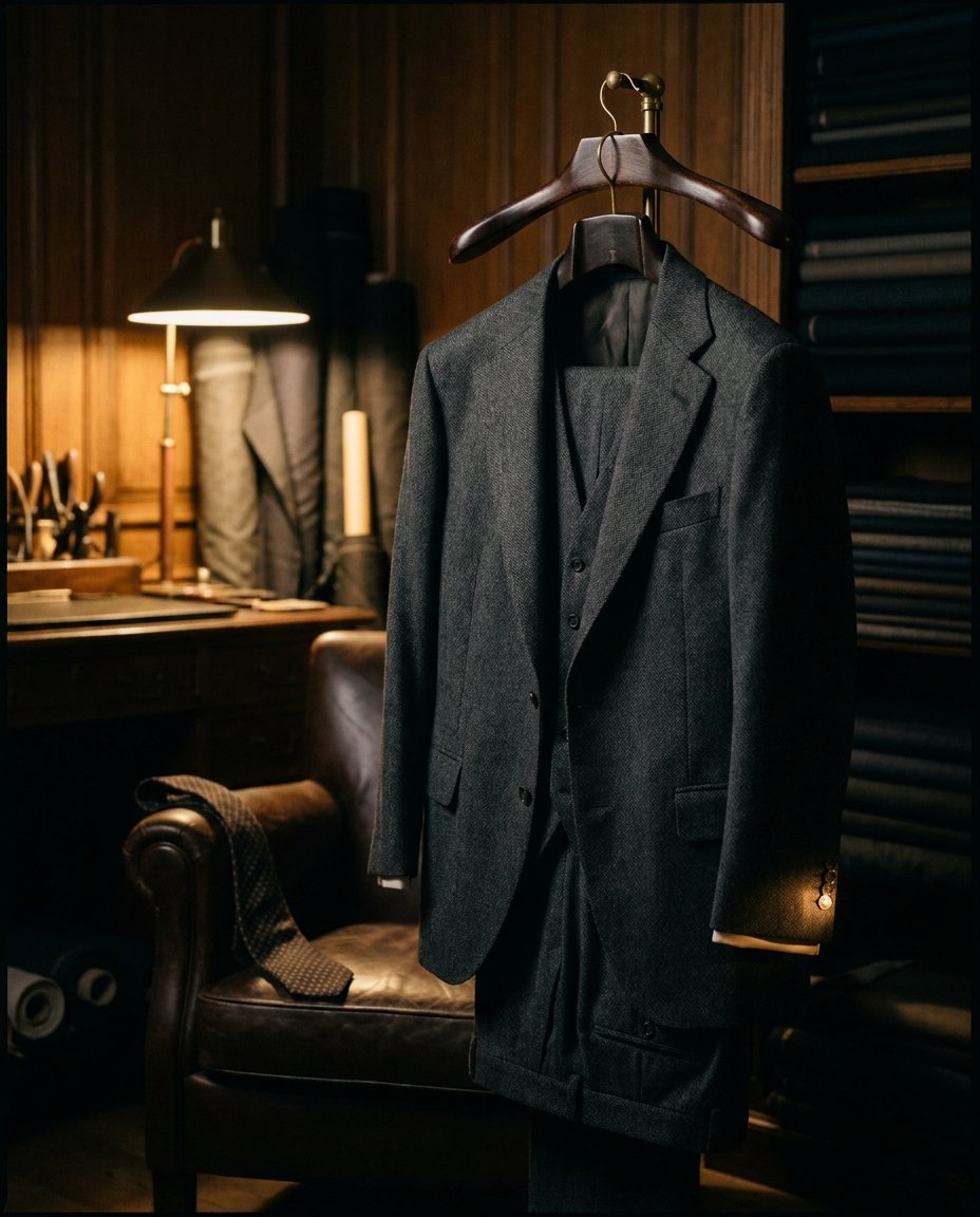 The finished suit hanging in the dark atelier