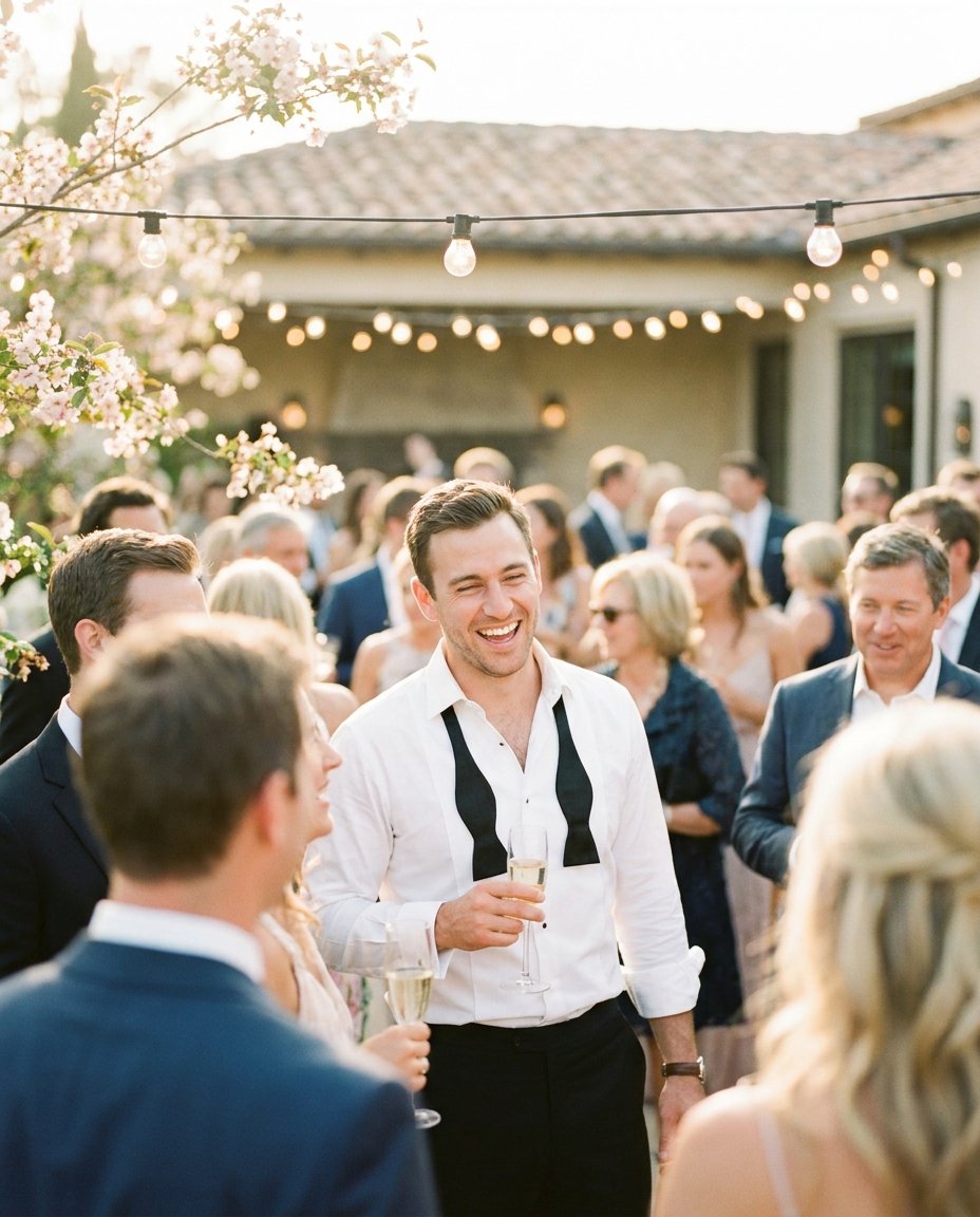 A groom celebrating at the wedding after-party