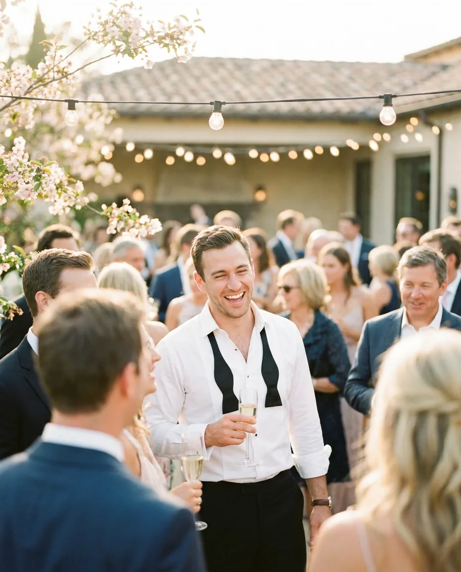 A groom celebrating at the wedding after-party