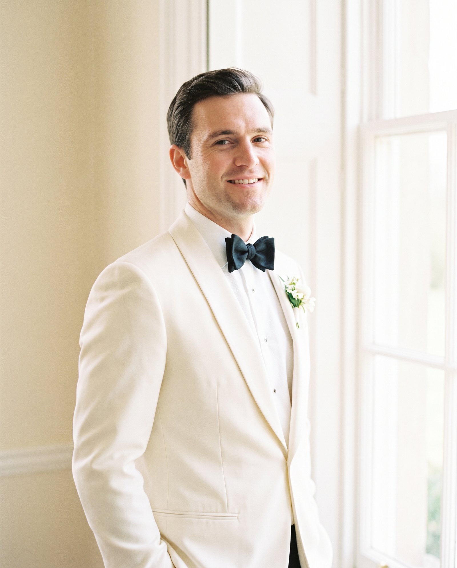 A groom in an ivory dinner jacket