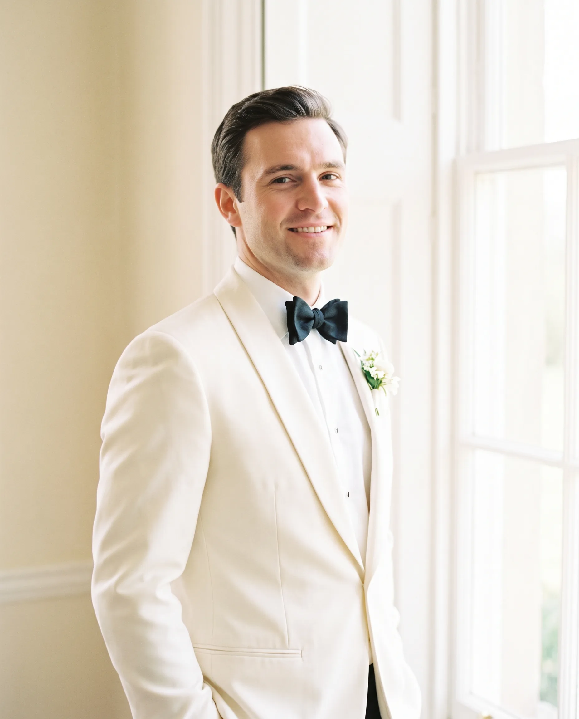 A groom in an ivory dinner jacket