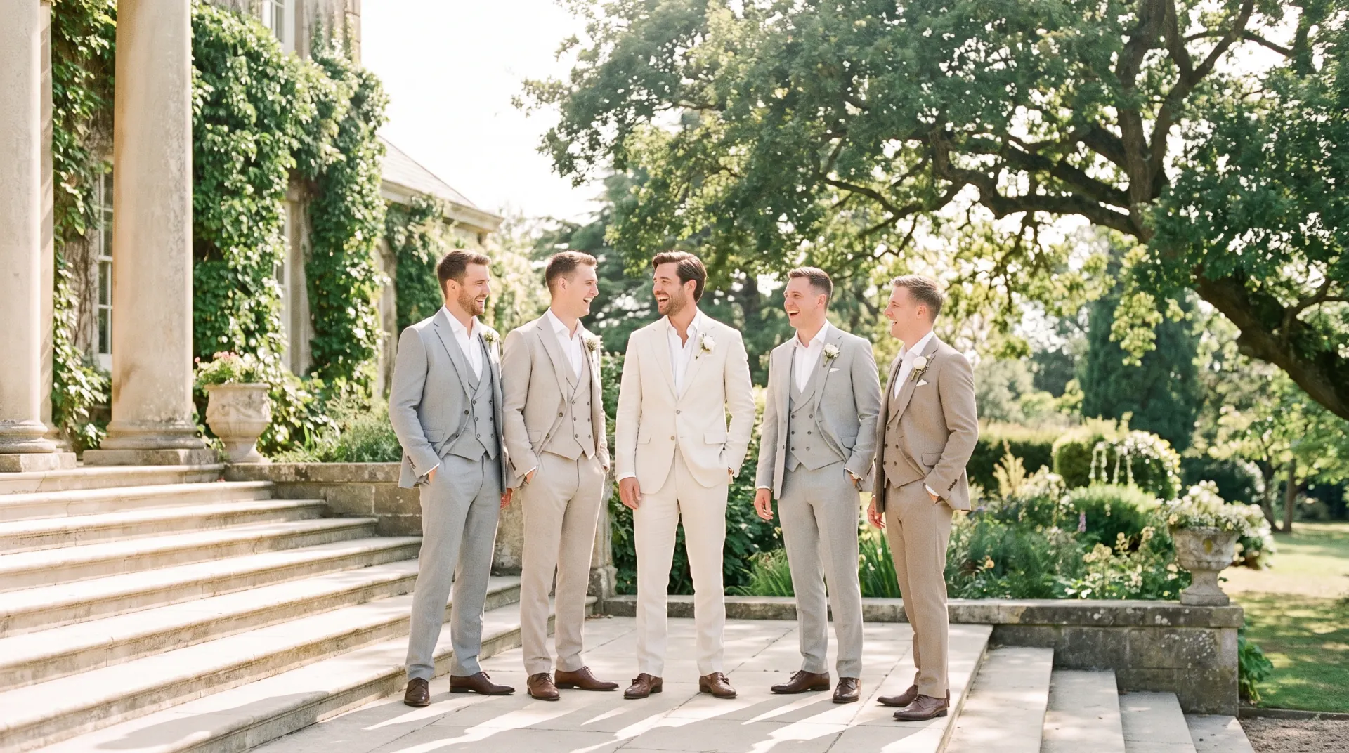 A groom and his groomsmen in coordinated bespoke suits on a bright wedding day