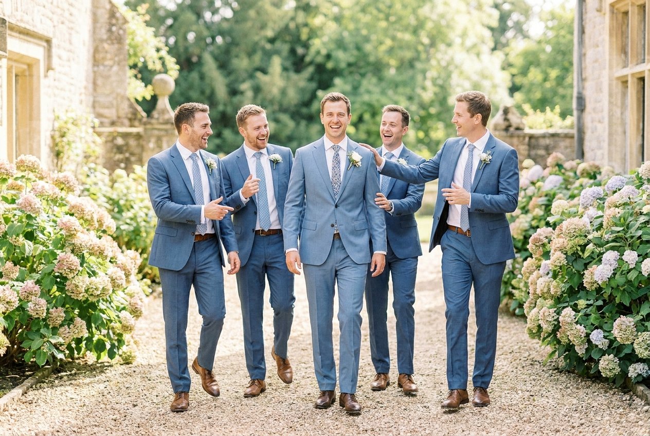 A groom with his groomsmen in coordinated blue suits